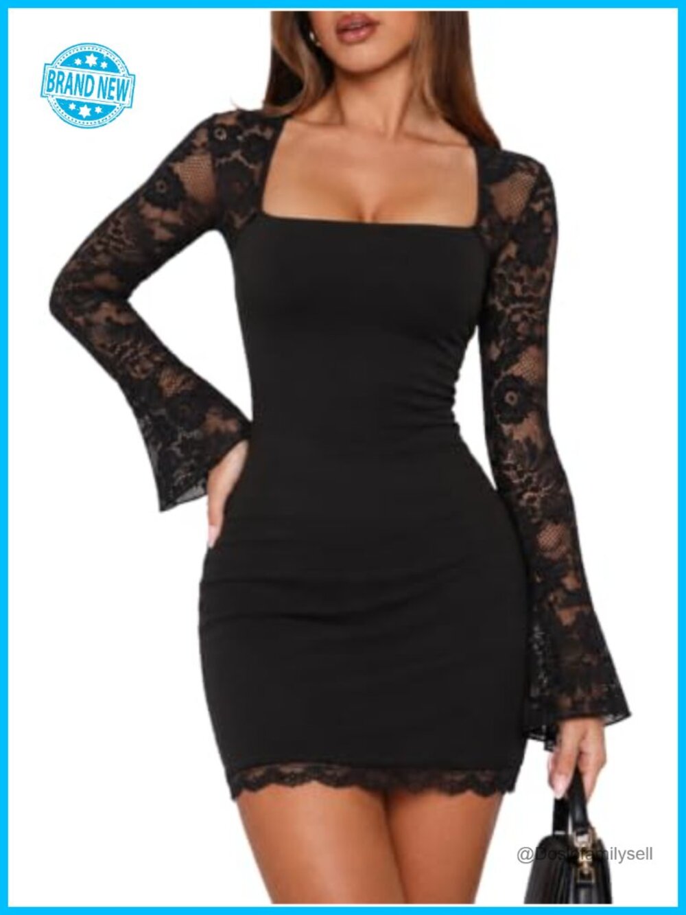 Square Neck Lace Long Sleeve Bodycon Mini Dress Women's